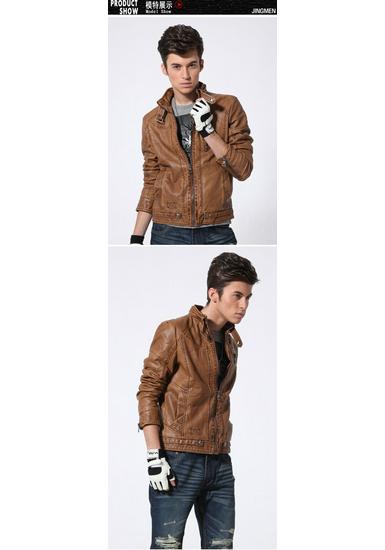 Men's Retro Winter Washed PU Leather Motorcycle Jacket with Stand Collar and Plus Velvet Lining