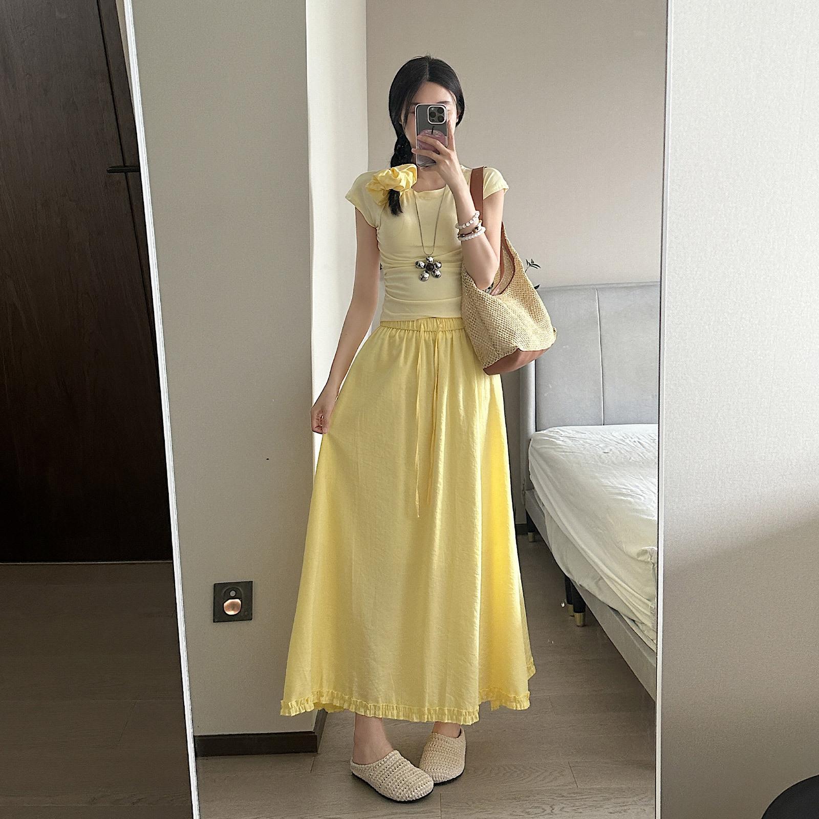 

Темпераментная юбка Сяоцин с простым краем, женская летняя повседневная универсальная длинная юбка XL жёлтый