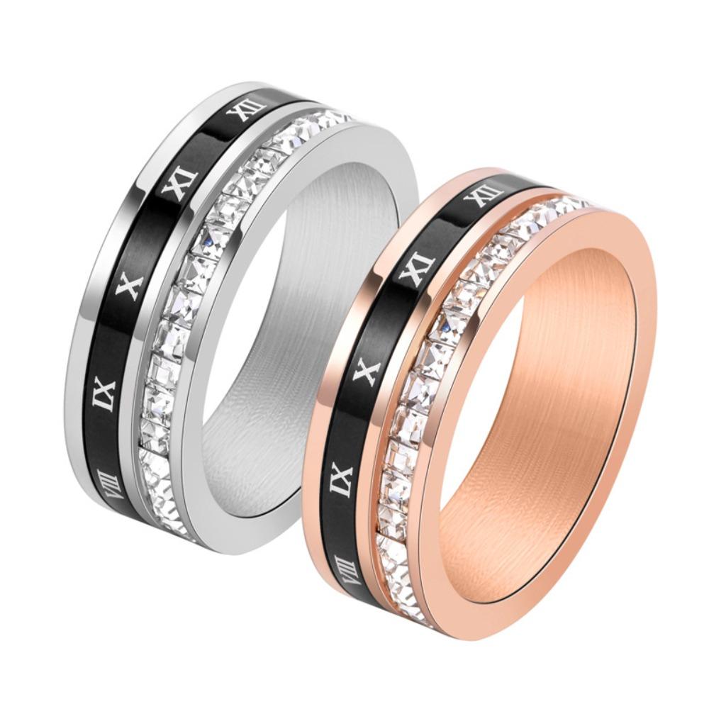 Rotating Roman Numeral Ring Stainless Steel Square Diamond Single Row Band Stylish Index Finger Jewelry