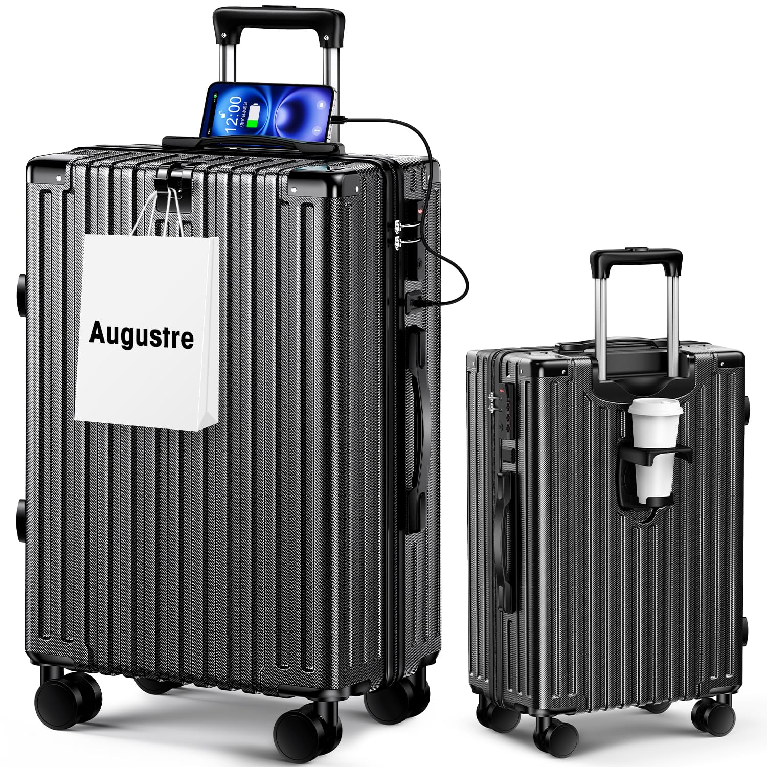 

Чемодан Carry Carry Double Cup с USB-зарядкой, скрытый крючок, застежка-молния TSA на 360 градусов, деловая поездка [Augustre], ручная кладь, сверхлегкий, чехол, большой, чёрный