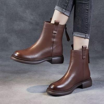 Kurzstiefel für Damen für Frühling und Herbst, neuer Stil 2025, mittlerer Absatz, weiche Sohle mit Reißverschluss, Winter mit Plüschschicht Rindsleder