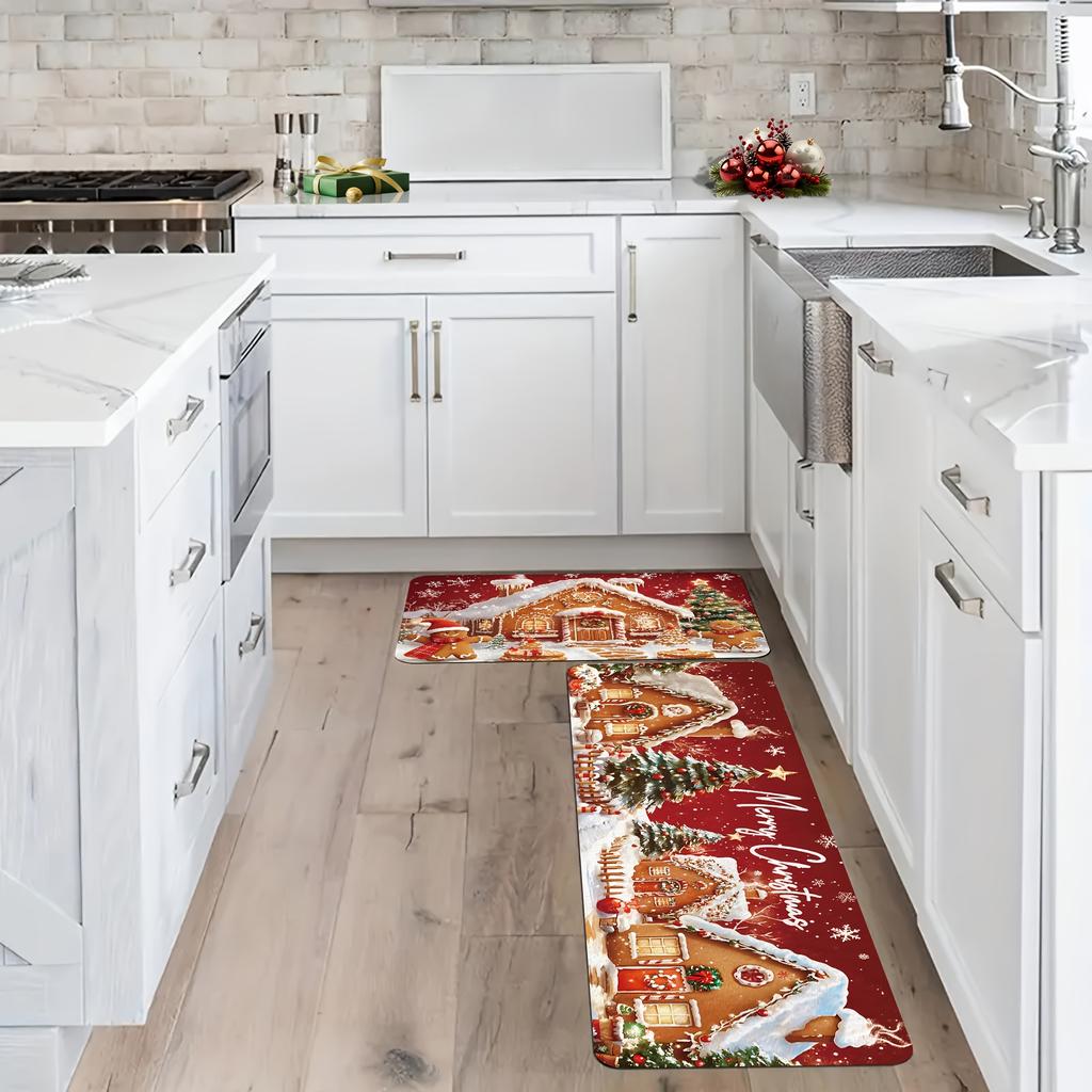 2Pcs Anti Fatigue Kitchen Rugs Christmas Gingerbread Waterproof Non-Slip Thick Cushioned Kitchen Mat Heavy Duty Comfort Standing Mat for Kitchen