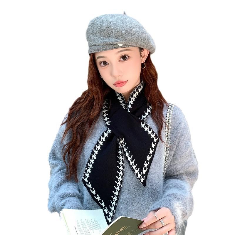 Knitted Scarf for Women Autumn and Winter New Neck Scarf Small Neck Scarf Thickened Warm Houndstooth Scarf