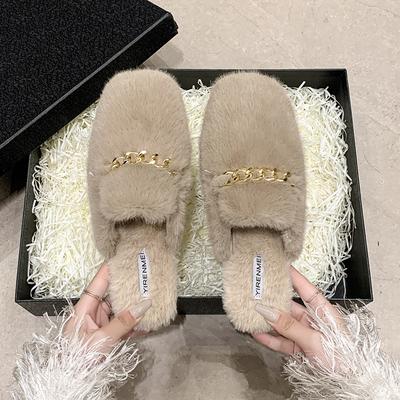 Fashion Women Slippers 2024 Autumn/winter Plush Fluffy Slippers New Korean Outdoor Fashion Cotton Shoes Metal Decorative Warm Flat Shoes