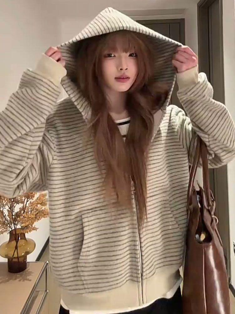 American Retro Korean-Style Women's Hooded Striped Cardigan - Autumn Loose Fit