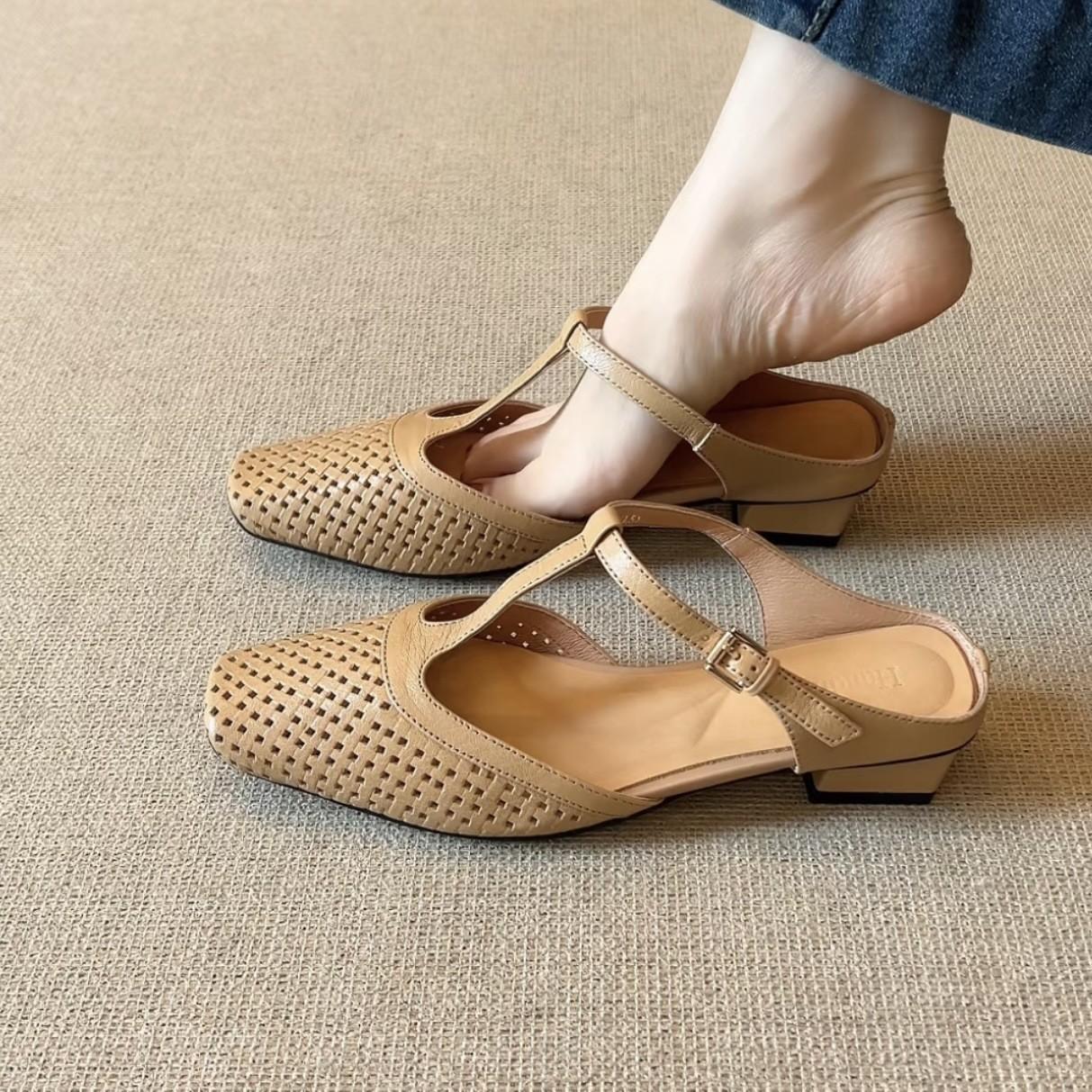 

Плетеные шлепанцы с квадратным носком, полые сверху, с внутренней высотой, увеличивающей ремень, металлической пряжкой, сумкой на головке, толстым каблуком, модные сандалии, женские летние 42 абрикосовый