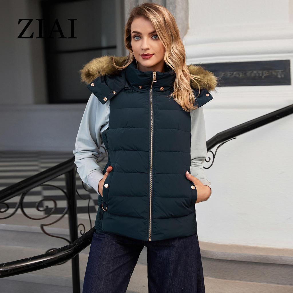 ziai New Women Down Vests Sleeveless Fur Collar Hood Puffer Jacket Girl Windproof Quilted Parka Coat Slim Female Outerwear ZR-L006
