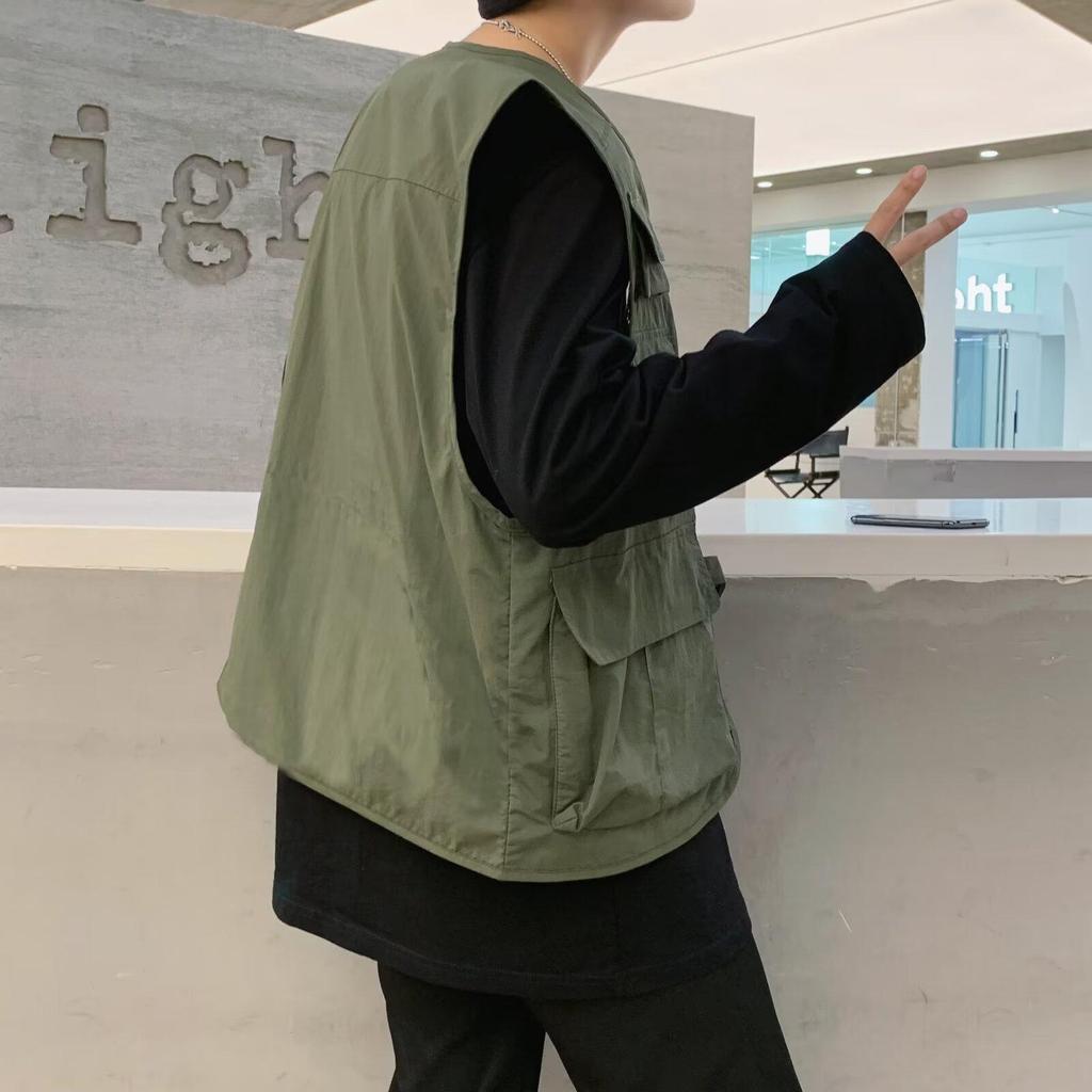 Herren Retro Japanische Streetwear Multi-Taschen Arbeitsweste, Lässige Lockere Passform, Ärmellos Nationaler Tide-Stil.