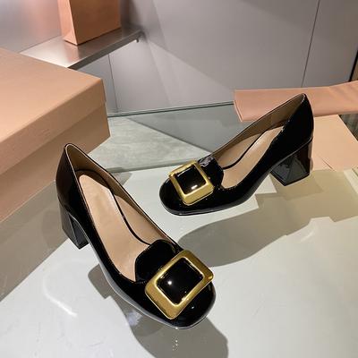 Zapatos Mary Jane de Tacón Grueso con Hebilla Cuadrada, Zapatos Individuales de Tacón Alto con Punta Cuadrada y Boca Baja, Zapatos Lefu de Cuero Lacado Vintage