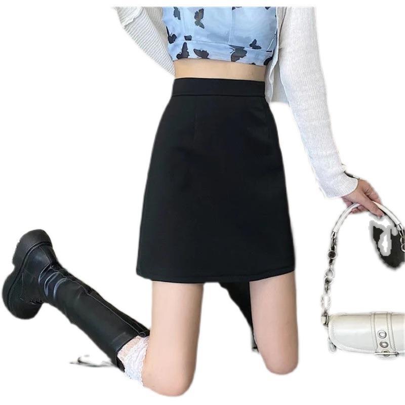 2025 Summer Black High-Waist A-Line Skirt - Anti-Exposure, Slim Fit, Versatile, Plus Size