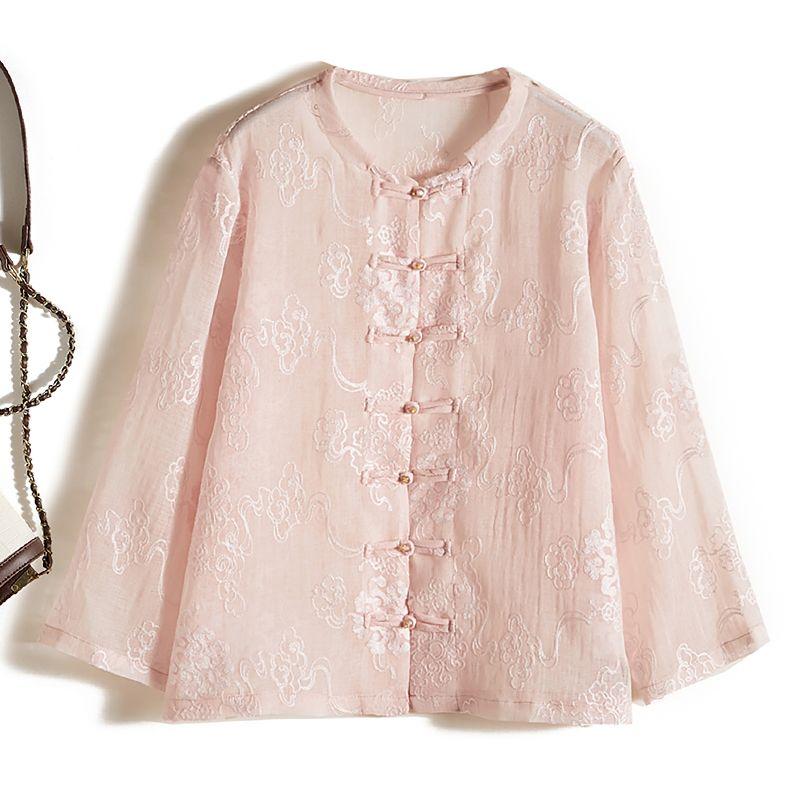 

Imported Poplin Yarn Embroidered Breasted Small Stand Collar 3/4 Sleeve Sun Protection Clothing! Women Summer Craft Outerwear Super Versatile Pink XL