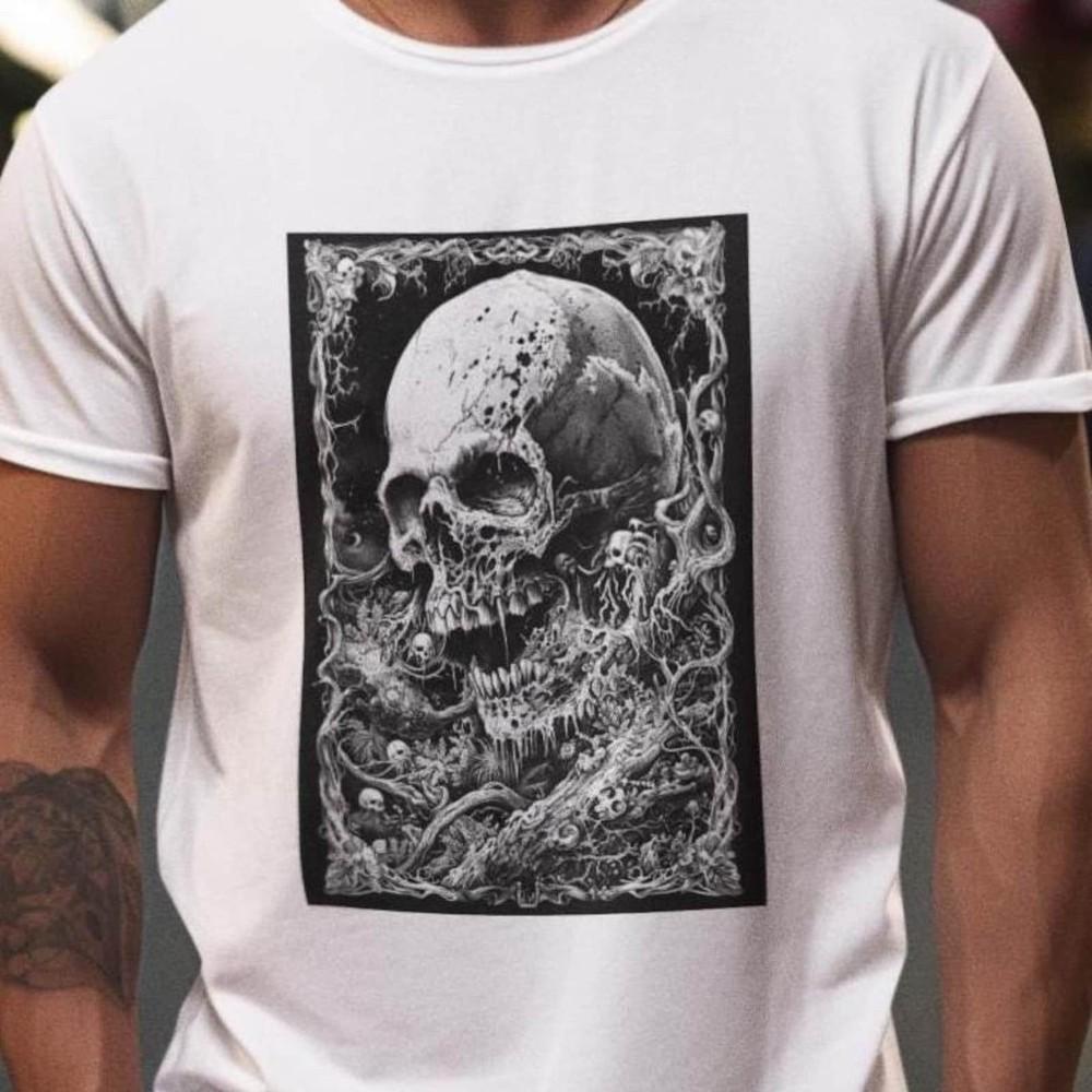 26 Gothic Skull T-Shirt – Detailed Monochrome Skull with Swirling Smoke and Sku Unisex T-Shirt L