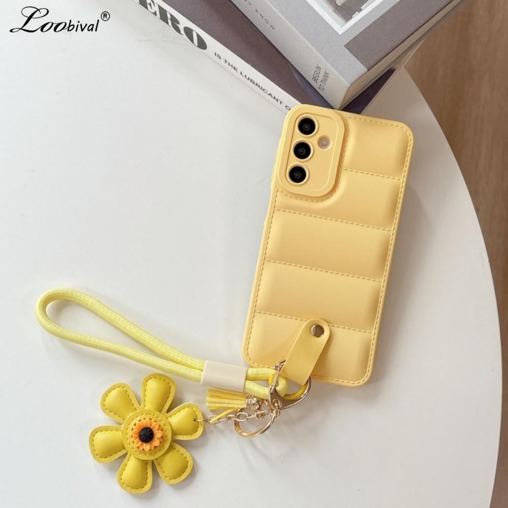Ins Sunflower Down Jacket Lanyard Case for Samsung Galaxy S25 S24 Ultra S23 S22 Plus A55 A56 A16 A54 A35 A15 Wrist Strap Cover