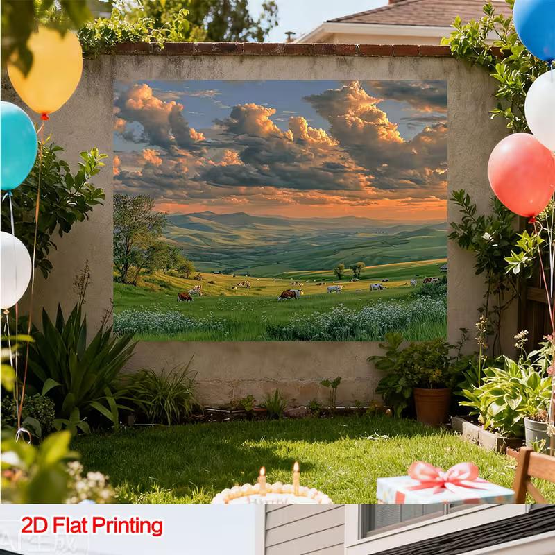 2D Pastoral Mountain Meadow Cow Print Wall Hanging