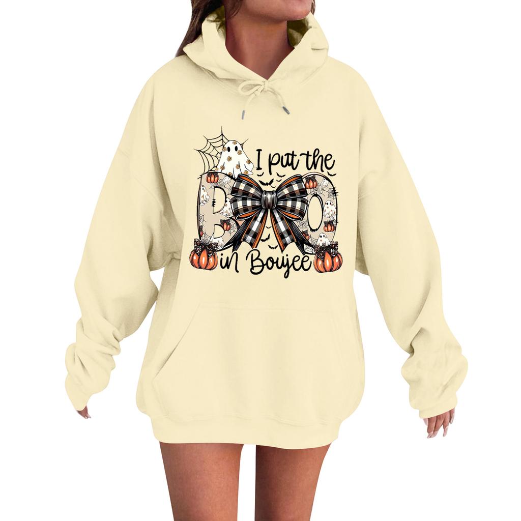 Women's Casual Fashion Comfortable Round Neck With Hood Long Sleeve Halloween Print Warm Sweatshirt