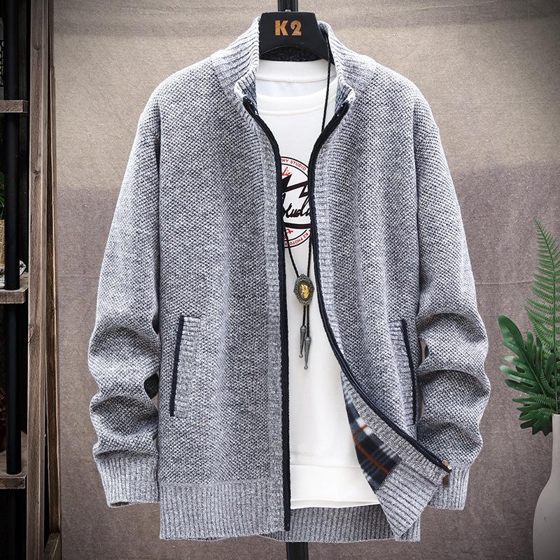 Men's Fleece-Lined Sweater Jacket: Autumn/Winter Casual Knitted Cardigan, Plus Size, Solid Color, Stand-Up Collar.