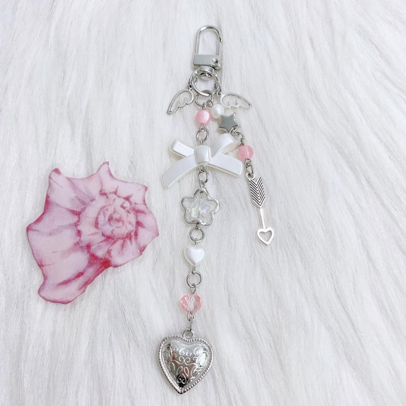 

Персонализированный брелок Y2K с бантом и сердцем из бусин, корейский милый девчачий брелок для ключей, подвеска для сумки, шнурок для телефона, подарки розовый