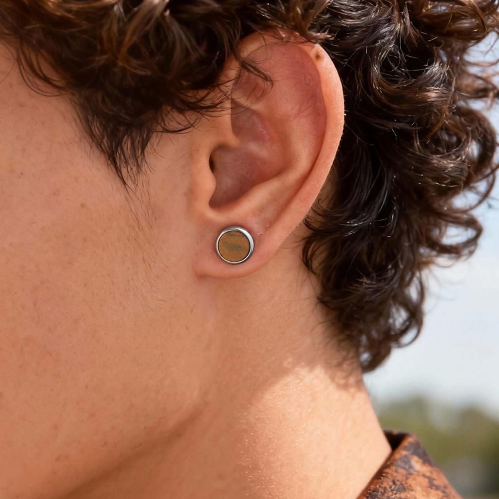 Vnox Hypoallergenic Stainless Steel Stud Earrings for Men, Small Round Natural Tiger Eye/Turquoise/Agate Stone Fashion Jewelry