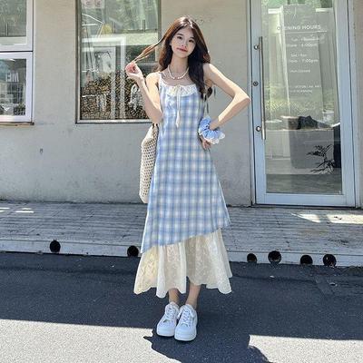 Lace Patchwork Plaid Sling Dress - Women's Summer 2025 New Loose Slimming Two-Piece Skirt.