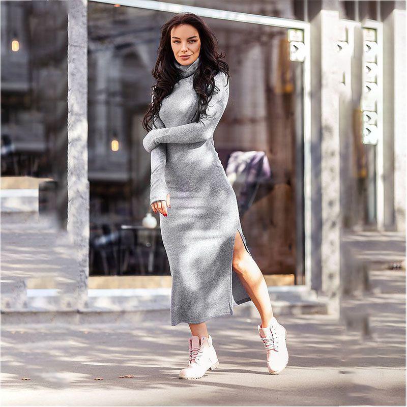 Luxurious Autumn And Winter Women s High Collar Sweater Dress In Solid Color Tag M=US XS серый