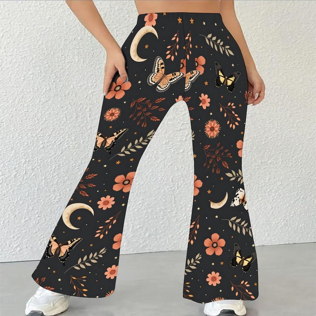 Pantaloni a zampa casual a vita alta da donna, Pantaloni a campana Streetwear con stampa floreale
