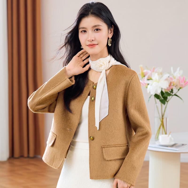 Women's Round Neck Wool Blend Short Coat