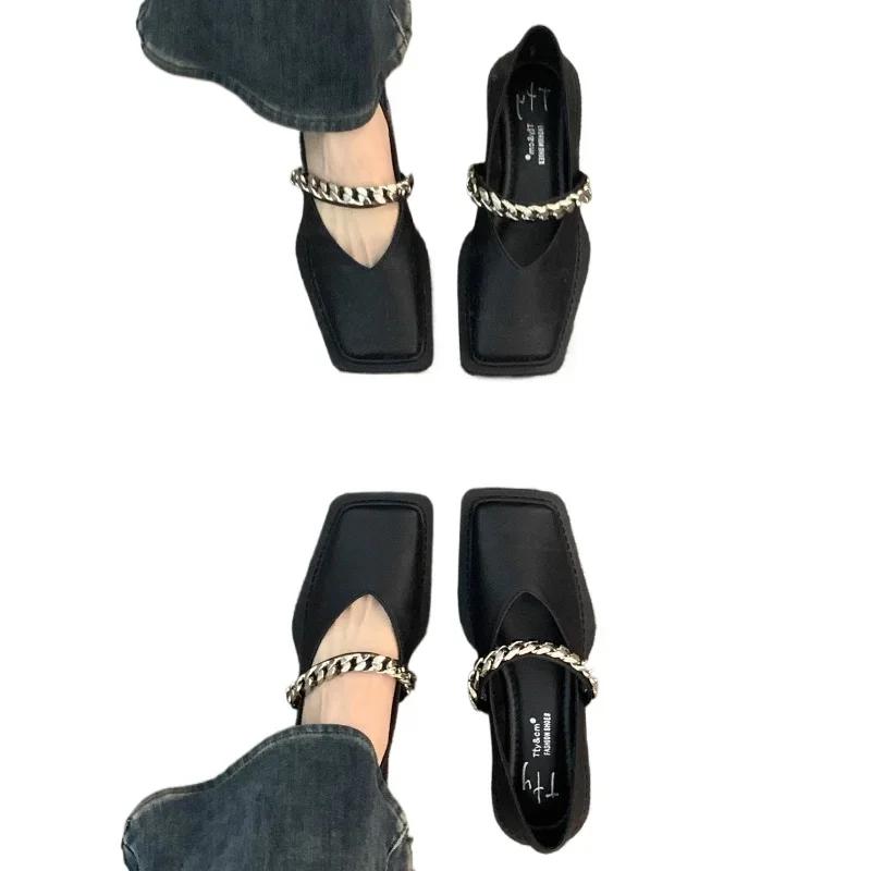 fashion Ladies Shoes on Sale 2024 Fashion One Kick Women's Flats Autumn Square Toe Chain Solid Low Heels Shallow Office Ladies Shoes