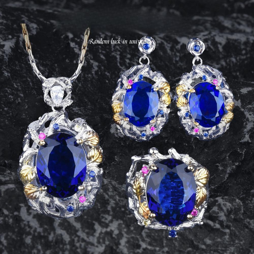 

Королевский синий ювелирный набор с текстурной гравировкой, двухцветное золотое покрытие, ожерелье, серьги, разомкнутое кольцо для женщин