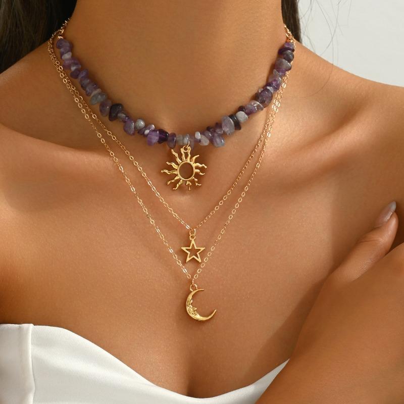 Vintage Sweet Cool Sun Moon Natural Stone Layered Necklace For Women
