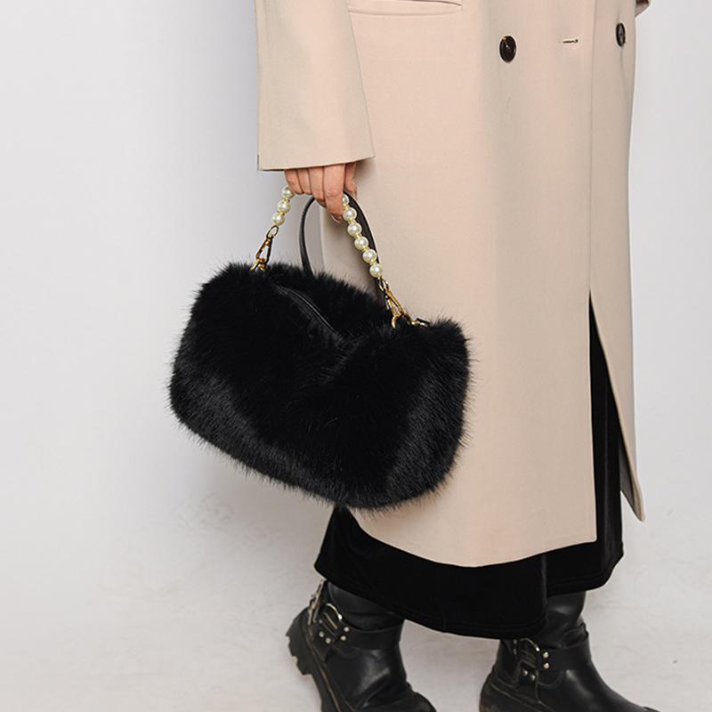 Yogodlns Winter Fashion Women's Faux Fur Shoulder Bags Candy Color Pearl Handle Crossbody Bag Small Fluffy Female Pillow Handbags