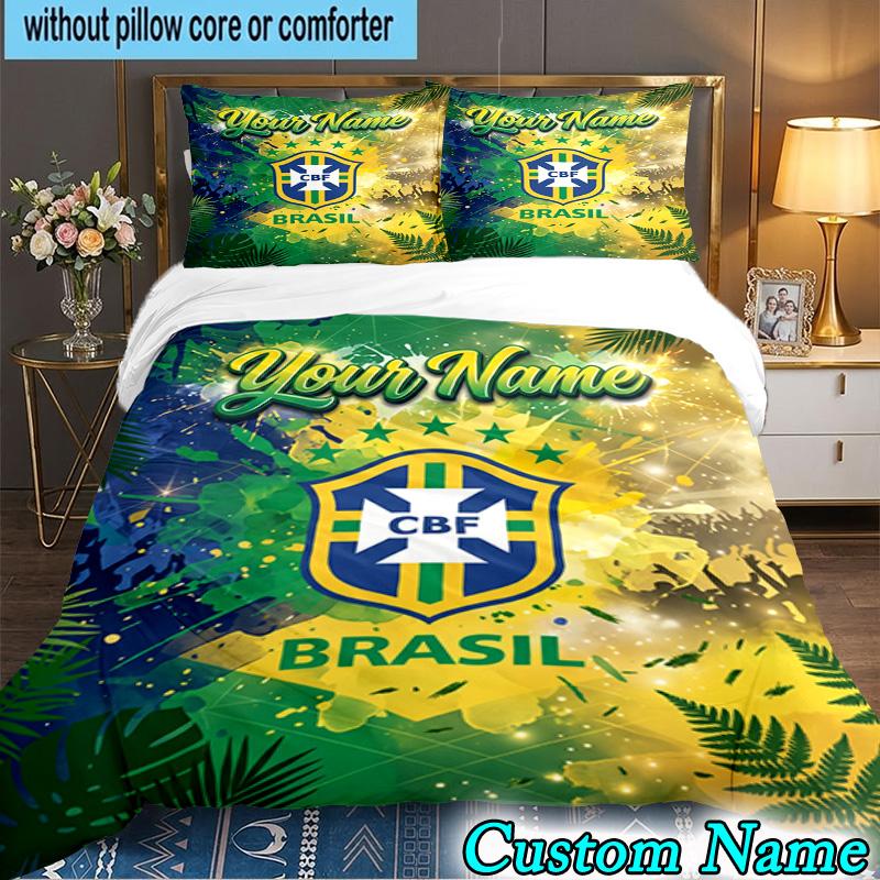 Custom Name Brazi Football Team 3PCS Bedding Set For Bedroom Dormitory,Including 1pc Duvet Cover And 2pcs Pillowcases Large size Fan gift