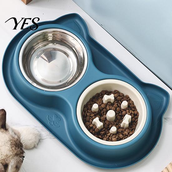 Slow Feeding Dog Bowl Double Bowls Pet Feeder, Feeder And Stainless Steel Bowl, Bone-shaped Spill-Proof Anti-Slip Water Food Set for Indoor Cats Dogs