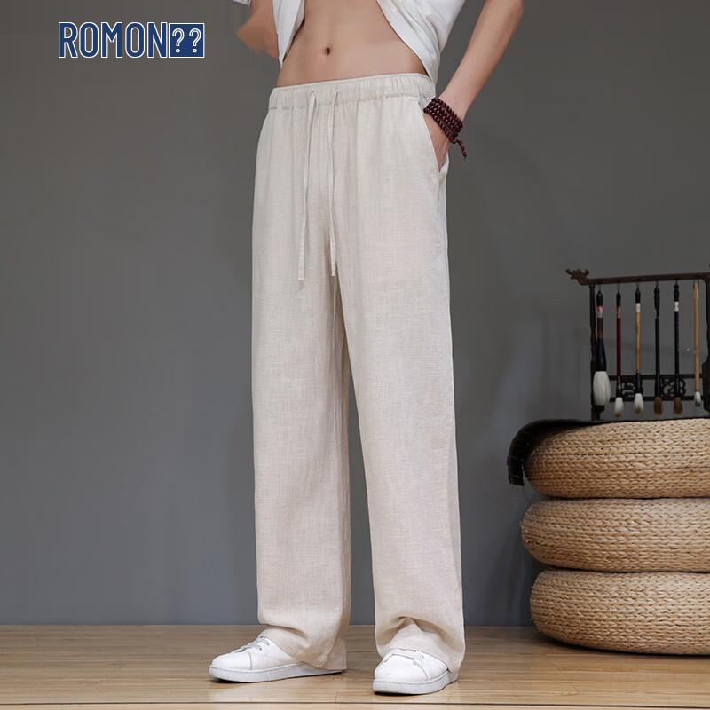 ROMON Men's Straight Loose Fit Ramie Blend Casual Pants