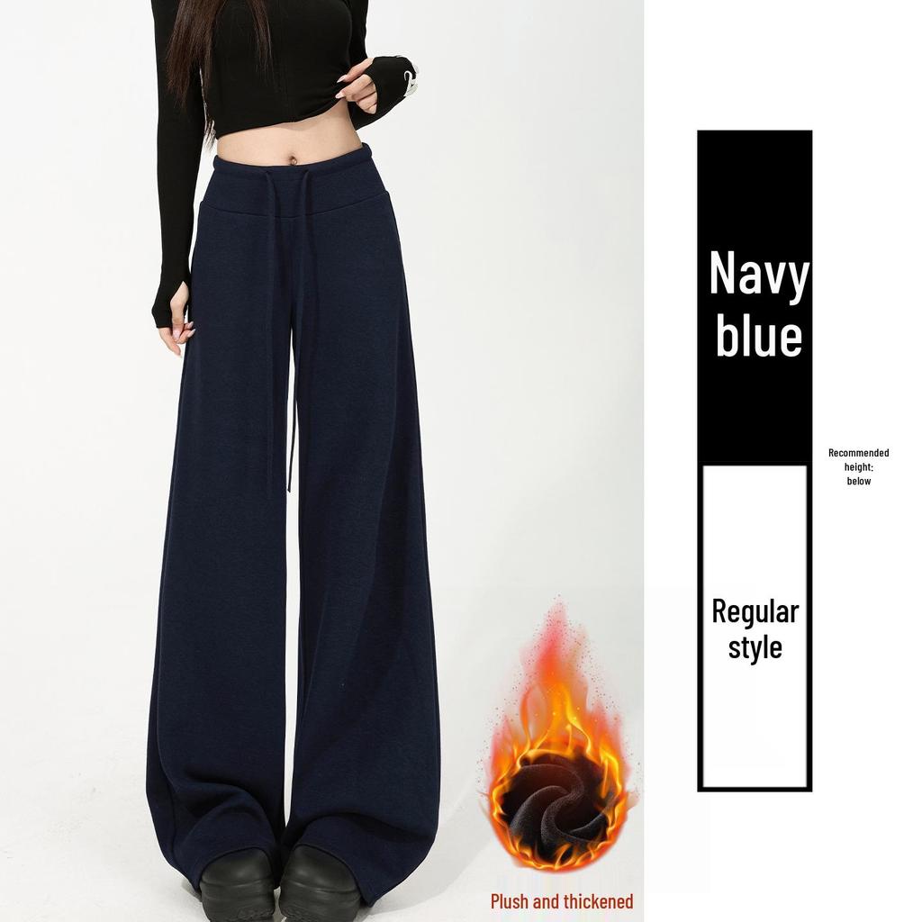 Women's Off-White Fleece-Lined Wide-Leg Pants, Autumn/Winter, Relaxed Fit, Casual, Good Drape, Straight Leg, Glutinous Rice Air Pants