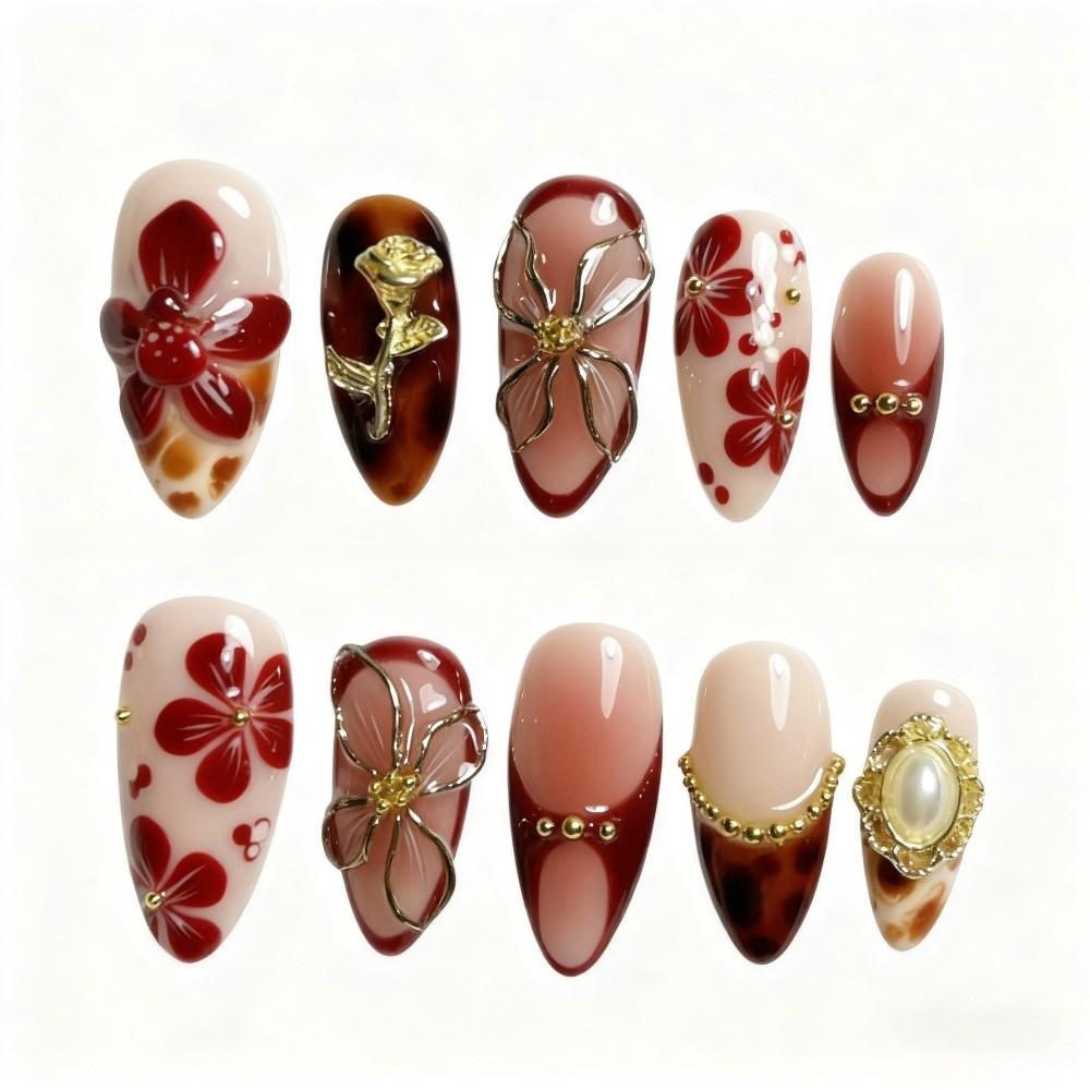 30pcs New Sweet Fake Nail Tips French Pink Flower Designs False Nails 3D Flower Almond Nails Women Use