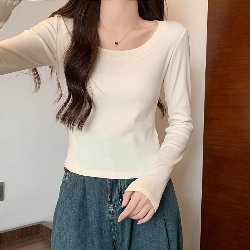 

Американская белая узкая футболка с длинным рукавом и правым плечом для женщин, начало осени, новый модный и универсальный короткий топ для невысоких людей XL