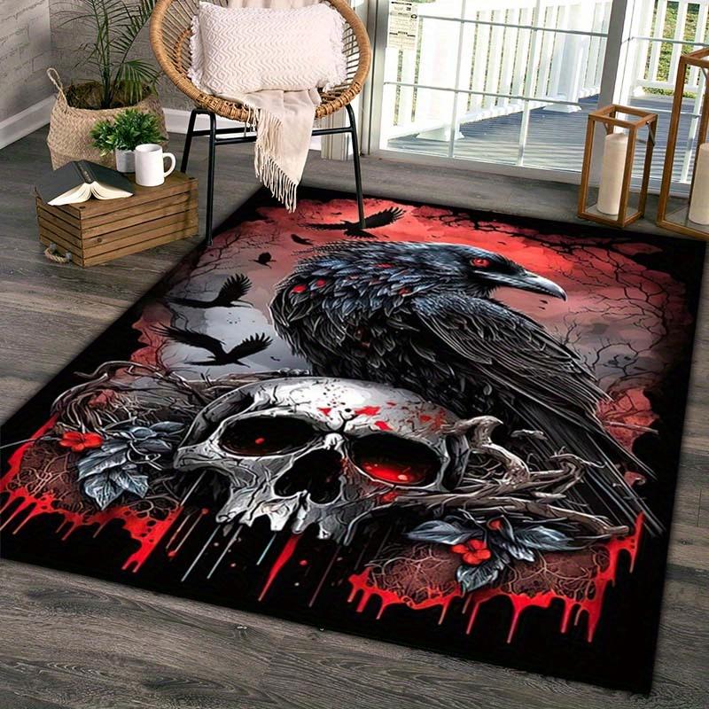 Gothic Crow Skull Rug Crystal Velvet Black Red Blood Drip Macabre Decor Kitchen Bathroom