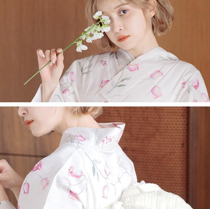 Dita Yukata Set with Heko Obi In Pink and White with a Lily of the Valley Floral and Watercolor Girly Easy To Dress by Yourself Sakura Blossom Lily of
