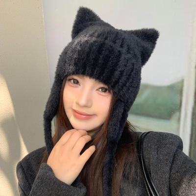 New Hat Women'S Solid Color Knitted Wool Hat Cute Cat Ears Winter Warm Ear Hat
