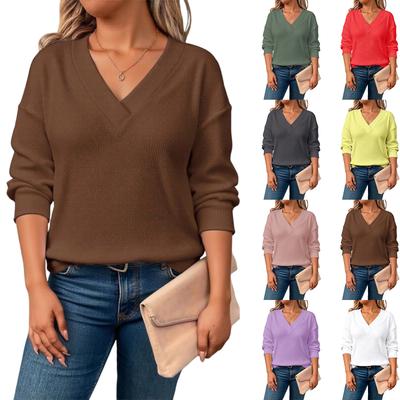 Damen Bequemes Lockeres Mode Lässig Einfarbig V-Ausschnitt Langarm Übergröße T-Shirt Top