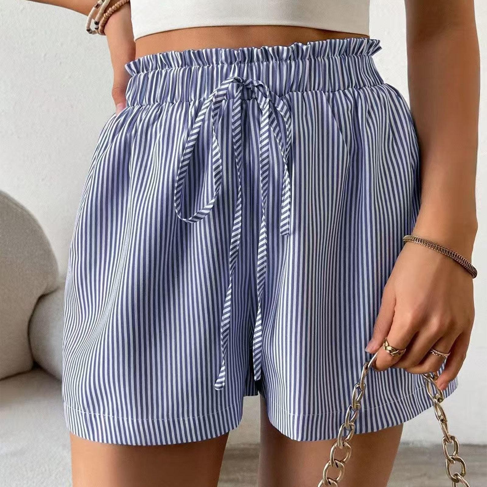 

Полосатые шорты для женщин с высокой талией, пляжные повседневные шорты с завязками на резинке и летним поясом с карманами L