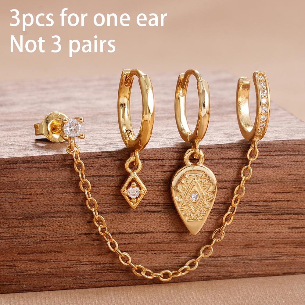 Fashion Zircon Eye Leaf Shaped Dangle Earrings Set for Women Stainless Steel Chain Ear Stud Ear Clip Trend Birthday Jewelry Gift