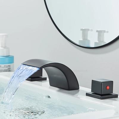 Bathroom Faucets Waterfall Vanity Faucet 3 Holes Widespread Two Handle Lavatory Sink Faucet with 3 Colors Changing  Light