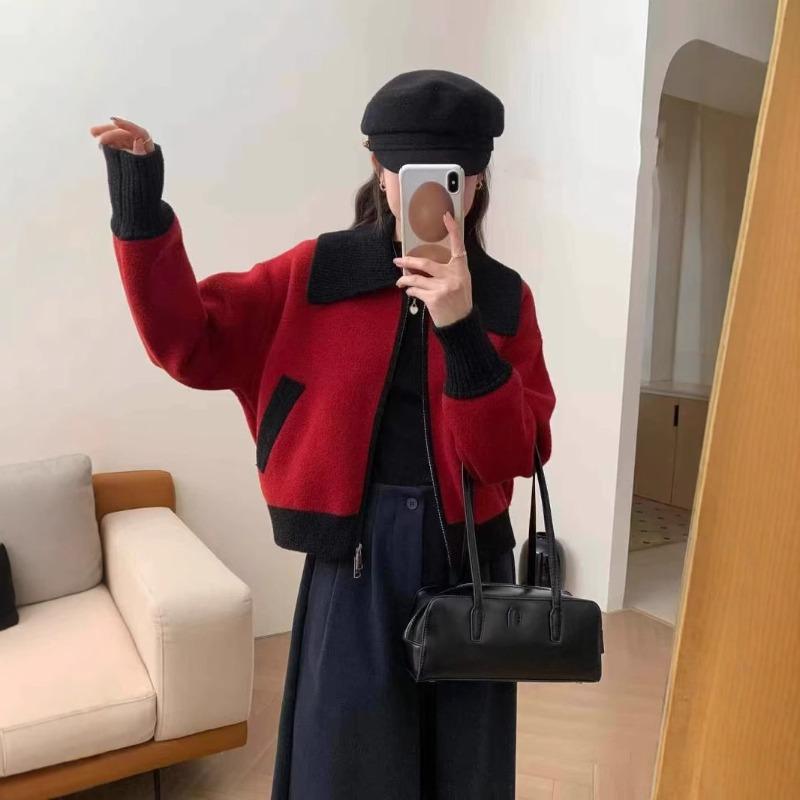 Spring new loose contrasting color lapel zipper knitted double-sided woolen cardigan casual versatile sweater jacket women