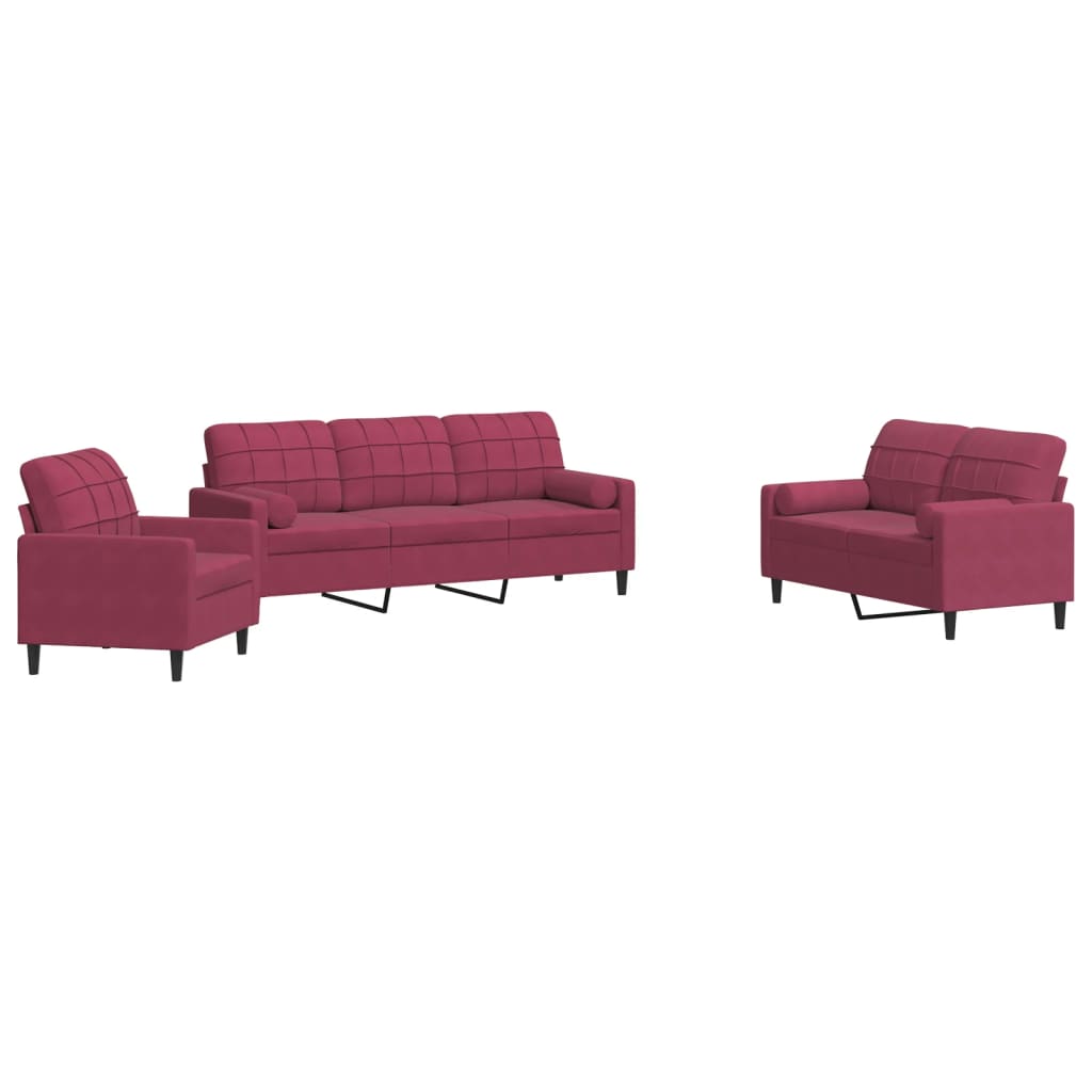 3 Piece Sofa Set with Cushions and Neck Rolls Burgundy Velvet