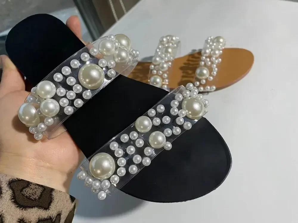 Fashion Big Size 43 Slippers for Women's Shoes Summer New Transparent Band Pearl One Word Strap Flat Sandals Casual Slides