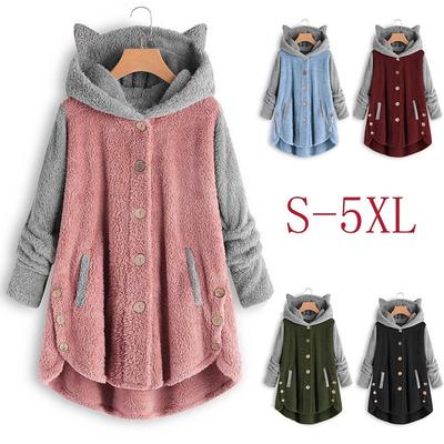 Orejas de gato con capucha y botones de otoño e invierno (Pan con forma de oreja de gato al vapor) Abrigo de felpa con combinación de colores irregulares para mujer