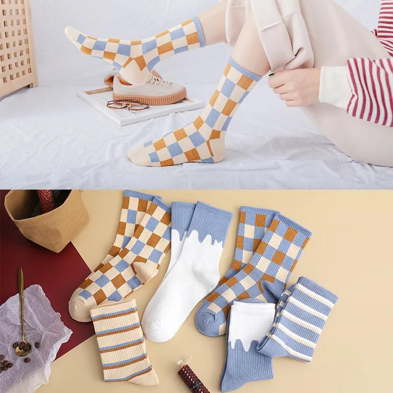 5 Pairs/Pack Kawaii Women Socks Harajuku Trend Women Checkered Stripe Bule Socks Girl Cotton Socks