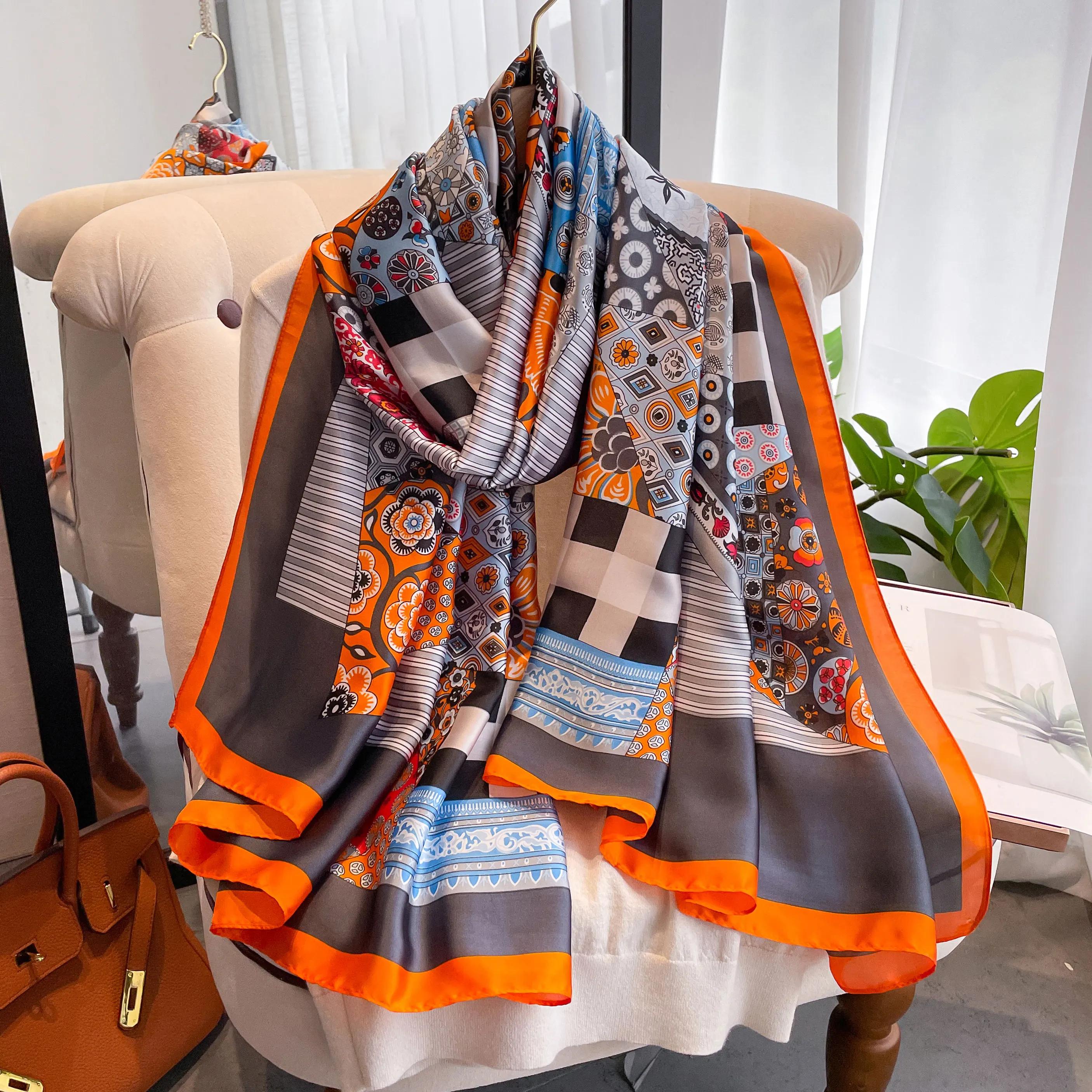 

2025 Style 180*90CM Fashion Dustproof Big Bandanna Popular Satin Finish Silk Shawls Scarves Luxury Print Sunscreen Beach Towel циан