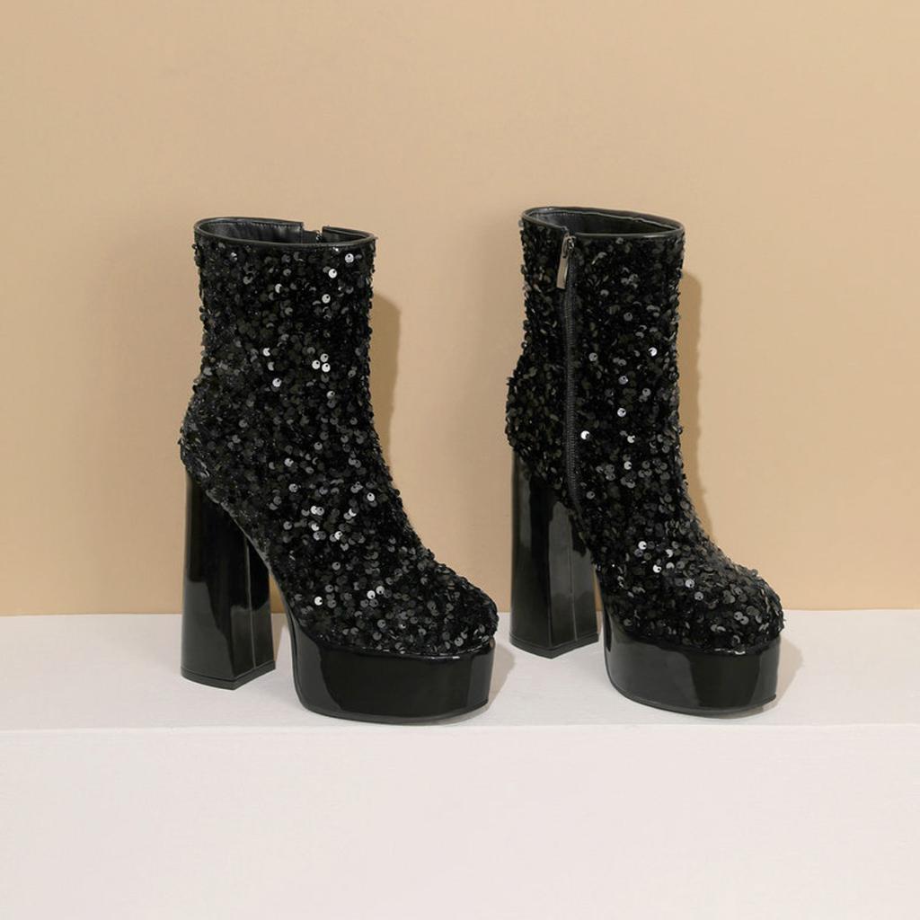 Damen Seitlicher Reißverschluss Silberne Western Cowboystiefel Retro Mode Schwarze Stiefel Plateau Stiefel Reißverschluss Chunky Absatz Schnalle Vintage Mode